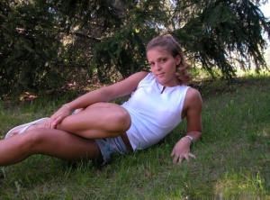 Cute blonde teen Karen lounging on the grass teasing non nude in shorts #7