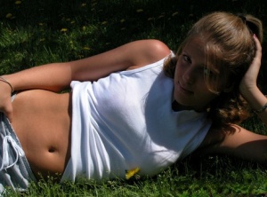 Cute blonde teen Karen lounging on the grass teasing non nude in shorts #10