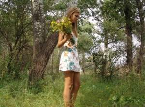 Sweet teen in short dress bending for sexy panty upskirt while picking flowers pics #5