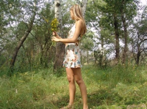 Sweet teen in short dress bending for sexy panty upskirt while picking flowers #6
