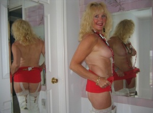 Aged blonde amateur Ruth goes topless in a mirror while wearing stripper boots hd sex photo #12