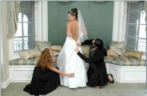 Busty blonde Nikki Benz helping Penny Flame to try on wedding dress free photo #4