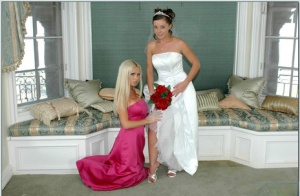 Busty blonde Nikki Benz helping Penny Flame to try on wedding dress #13